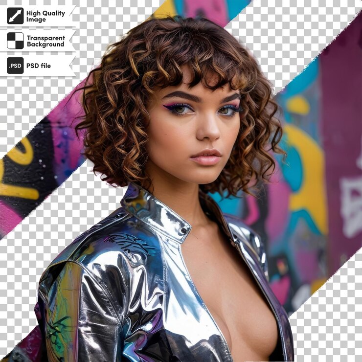 PSD un modelo con cabello rizado y un fondo plateado y negro con una imagen de un modelo
