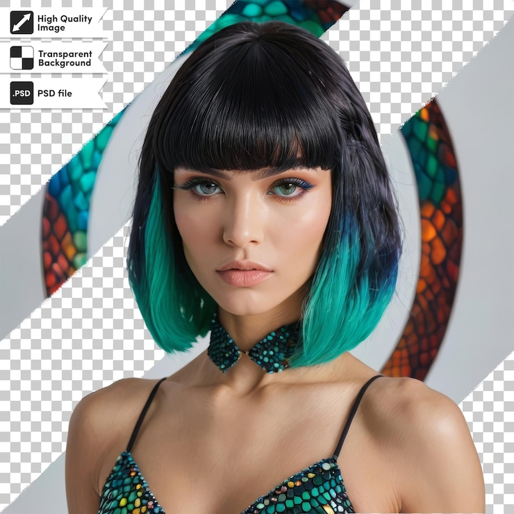 PSD un modelo con cabello verde y un clip de cabello negro que dice "va a la derecha"