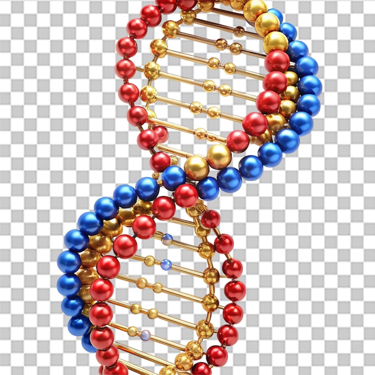 PSD modelo de cadena de adn colorido con cuentas rojas, azules y doradas aisladas en un fondo transparente