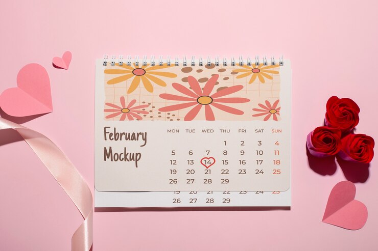 PSD modelo de calendario del día de san valentín con corazones y flores