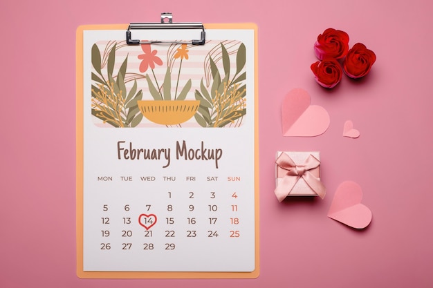 PSD modelo de calendario del día de san valentín con corazones y flores