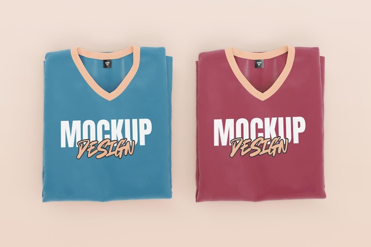 PSD modelo de camiseta con dos cuellos en v plegados vista delantera
