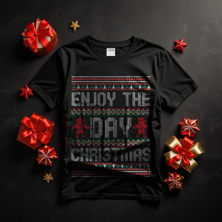 PSD modelo de camiseta negra premium con fondo navideño