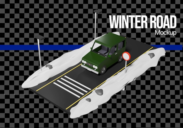 PSD modelo de carretera de invierno con un coche de dibujos animados