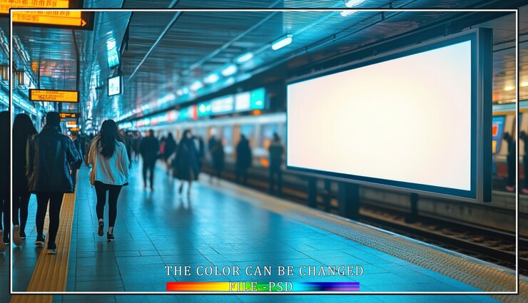 PSD un modelo de cartel en blanco en una estación de metro con gente caminando