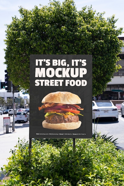 PSD modelo de cartel publicitario para alimentos con paisaje de la ciudad