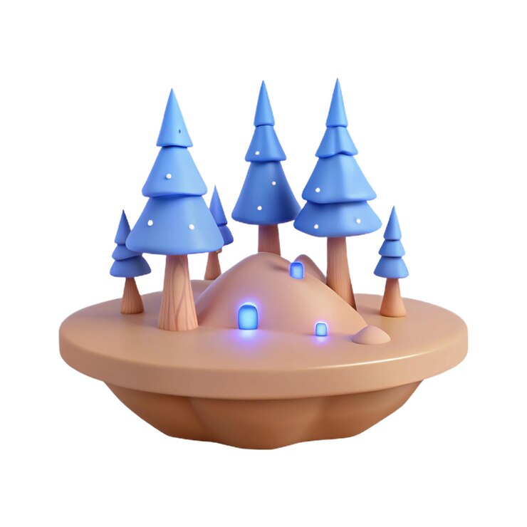 PSD un modelo de un castillo azul con árboles azules y una casa azul