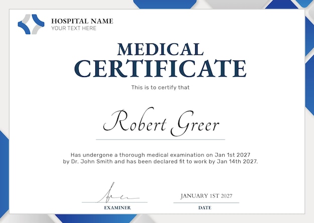 Modelo de certificado médico psd en diseño geométrico azul