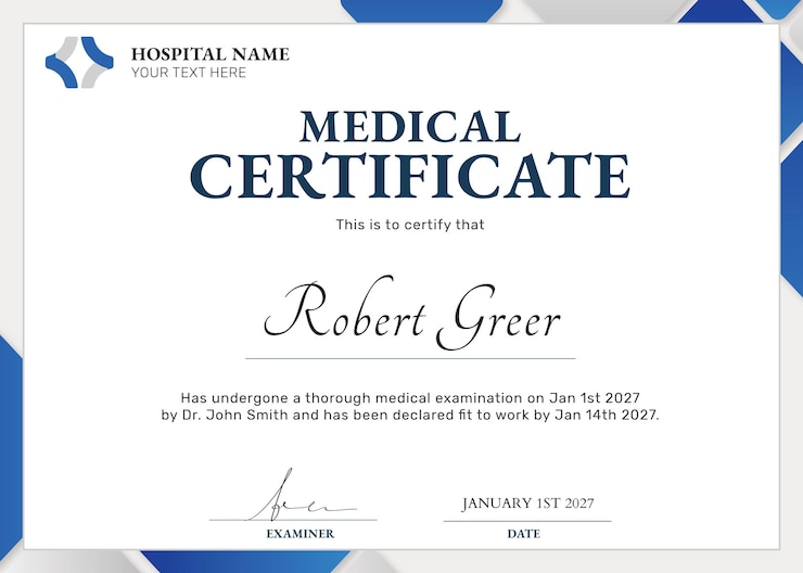 PSD modelo de certificado médico psd en diseño geométrico azul
