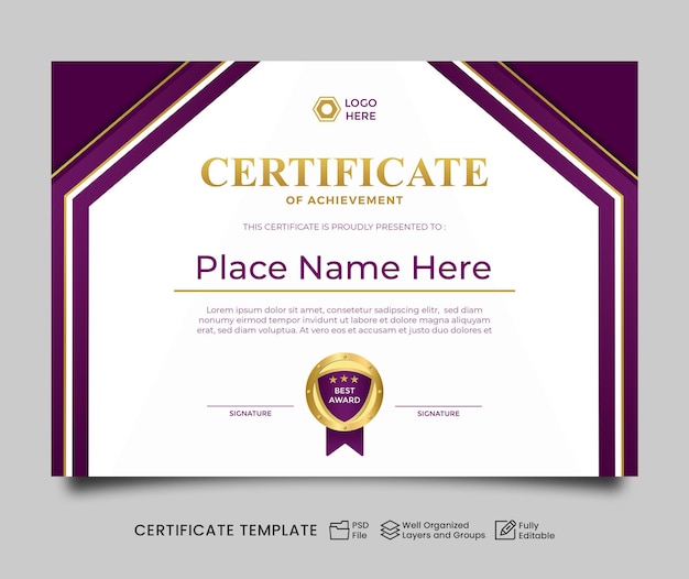 Modelo de certificado moderno diseño púrpura archivo psd editable tamaño A4 lanscape púrpura blanco certificado