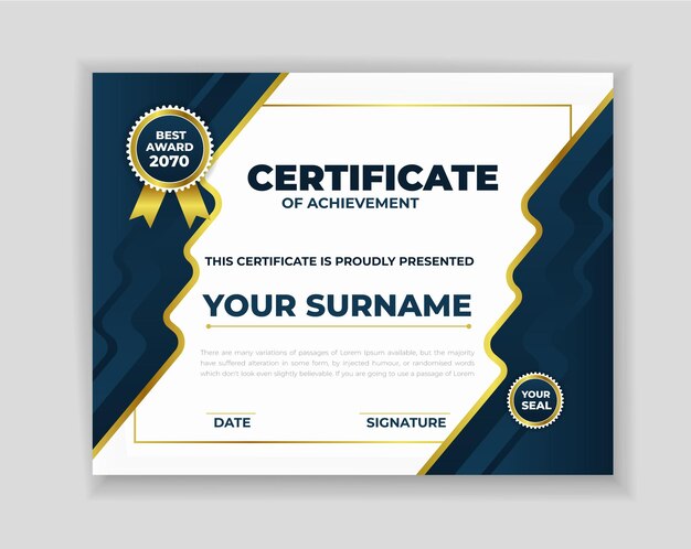 Modelo de certificado profesional de lujo de oro azul