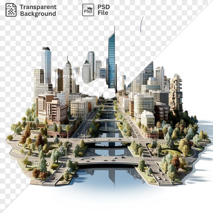 PSD modelo de ciudad fotográfico realista transparente de planificadores urbanos con una mezcla de edificios altos y blancos rodeados de árboles verdes exuberantes con un edificio blanco prominente en primer plano