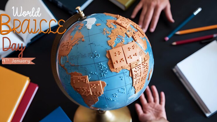 PSD modelo de concepto del día de braille del globo de símbolos del 4 de enero