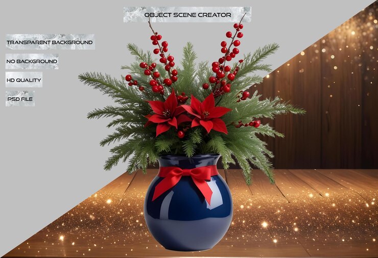 PSD modelo de creador de escenas de objetos navideños con varios jarrones y arreglos festivos con un invierno