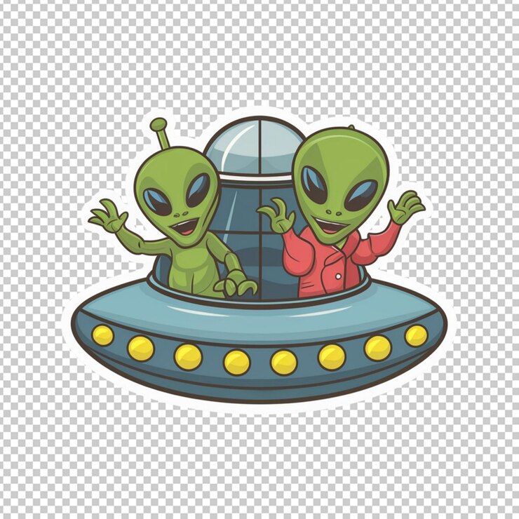PSD modelo de adesivo com dois monstros alienígenas em ovni isolados em fundo transparente