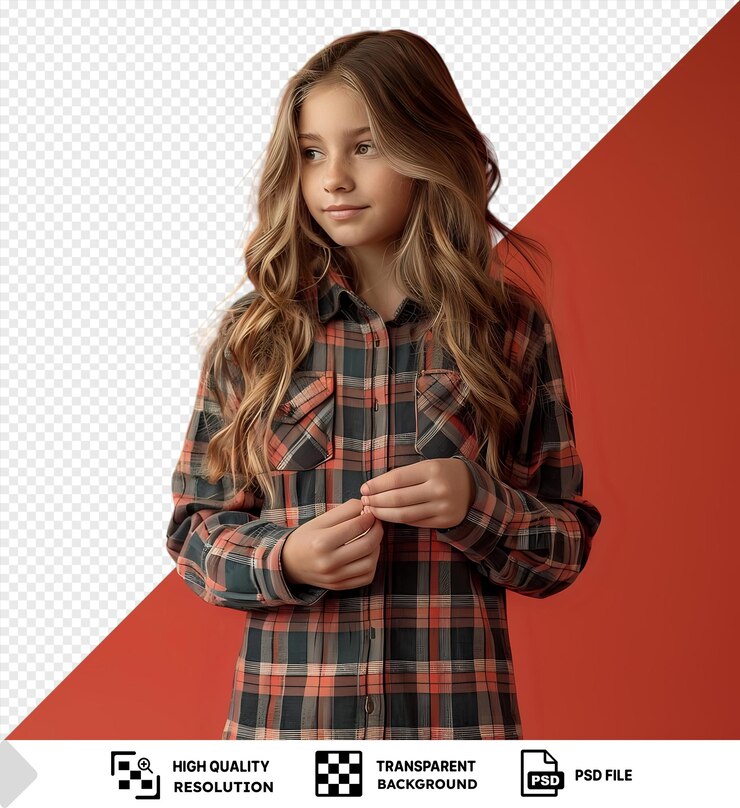 PSD modelo de alfabetização financeira transparente com cabelo longo posa para uma foto contra uma parede vermelha vestindo uma camisa a quadros e segurando uma mão até o rosto png psd