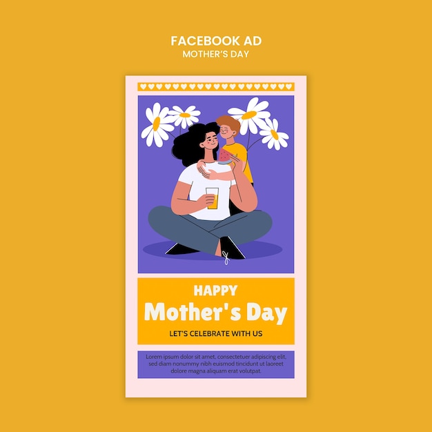 Modelo de anúncio do Facebook para o Dia da Mãe desenhado à mão