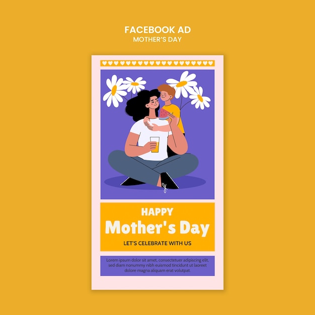 PSD modelo de anúncio do facebook para o dia da mãe desenhado à mão