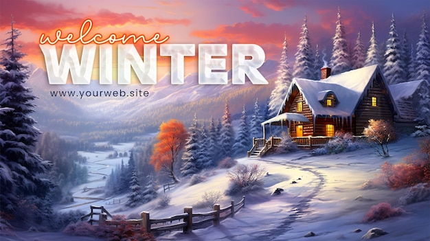 PSD modelo de bandeira de boas-vindas de inverno com casa de madeira em paisagem de inverno
