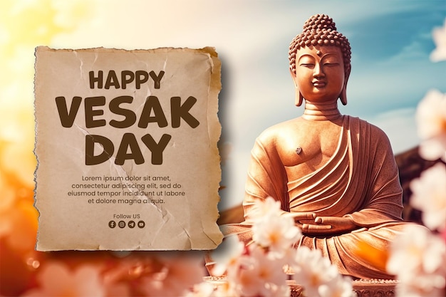 PSD modelo de bandeira de dia de vesak feliz com estátua de buda fundo flores borradas e céu