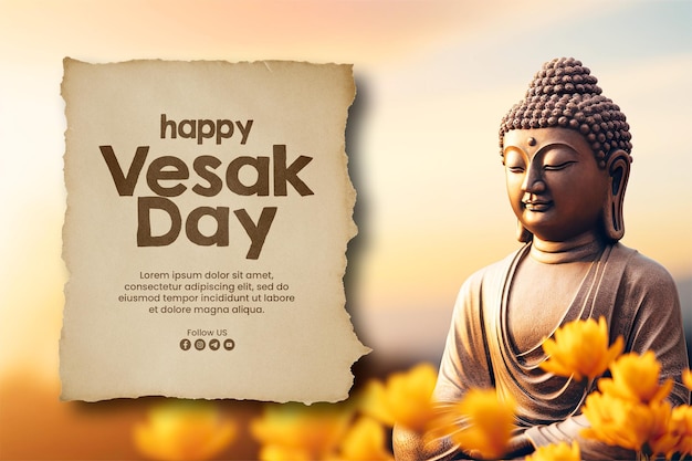 Modelo de bandeira de dia de vesak feliz com estátua de buda fundo flores borradas e céu