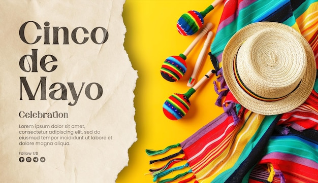 Modelo de bandeira de feliz cinco de maio com listras de cobertor mexicano ou serape poncho e chapéu