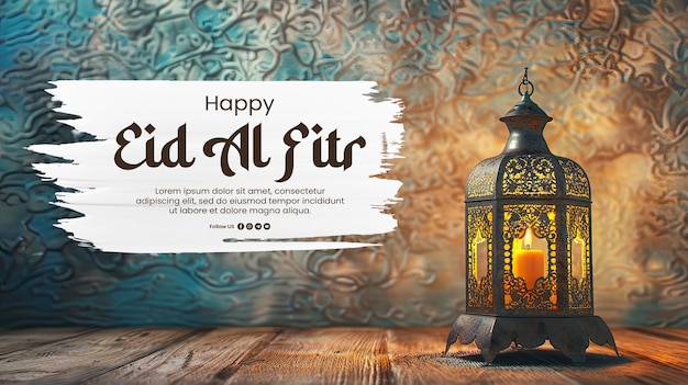 Modelo de bandeira de feliz eid al fitr com ramadan lanterna em mesa de madeira fundo de parede texturizado