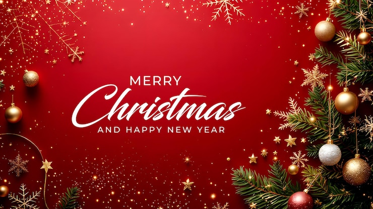 PSD modelo de bandeira de natal feliz com árvore de papai noel e bola colorida em um fundo vermelho escuro