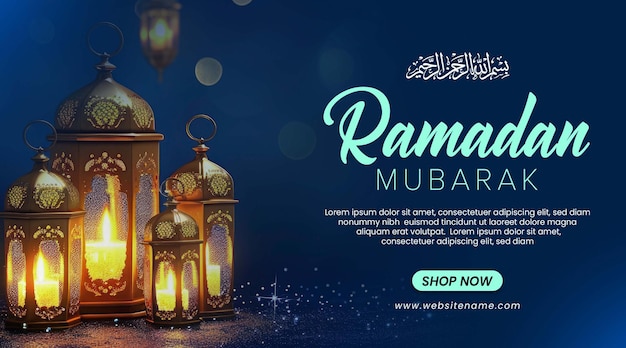 PSD modelo de bandeira de ramadan mubarak com lanterna e bokeh fundo azul escuro