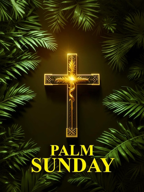 Modelo de bandeira de saudação do domingo de ramos para feriado cristão cruz e folhas de palmeira de fundo