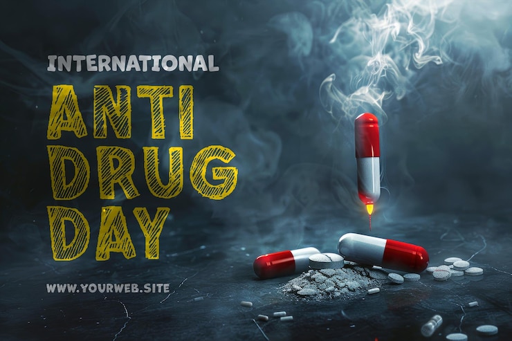 PSD modelo de bandeira do dia internacional contra a droga com um fundo de drogas e seringas
