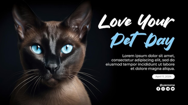 PSD modelo de bandeira do dia nacional dos animais de estimação com gato siamês em fundo escuro