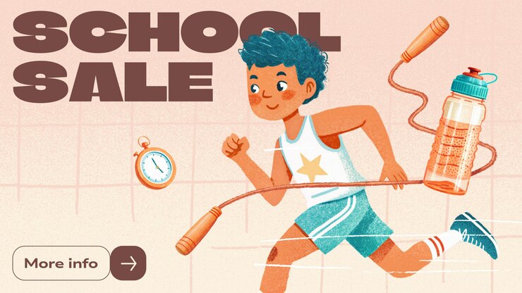 PSD modelo de bandeira horizontal com a inscrição venda escolar e uma ilustração de um menino correndo