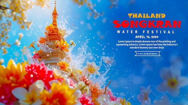 PSD modelo de bandeira realista de songkran com fundo de salpicaduras de água do festival de songkron da tailândia