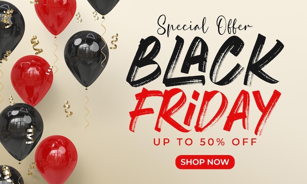 Modelo de banner da Black Friday com balões de renderização 3D