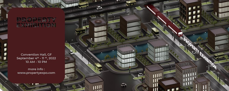 PSD modelo de banner da web de exposição de propriedade com fundo de ilustração 3d de cidade isométrica