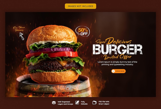 PSD modelo de banner da web de hambúrguer delicioso e menu de comida