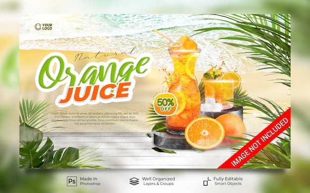 Modelo de banner da web de promoção de menu de bebida saudável de suco de laranja natural fresco
