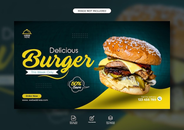 Modelo de banner da web de promoção de menu de hambúrguer e comida deliciosa