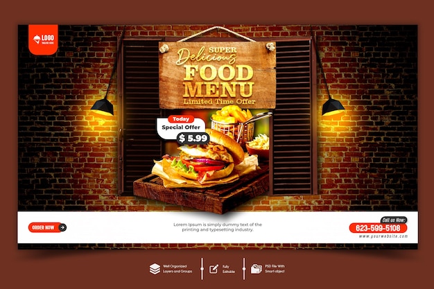 PSD modelo de banner da web do menu de comida super deliciosa