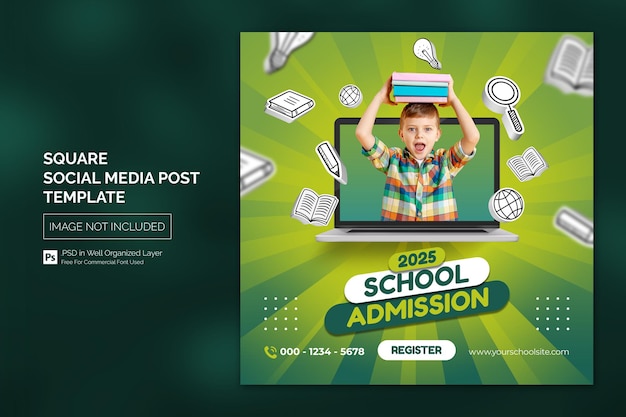 Modelo de banner da web para postagem na escola de admissão na escola na mídia social quadrada