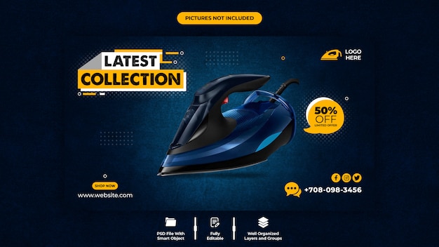Modelo de banner da web para promoção de produtos e máquina de passar roupa