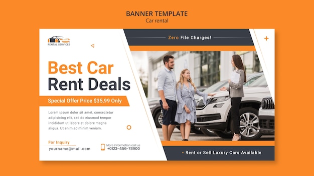 PSD modelo de banner de aluguel de carros de design plano