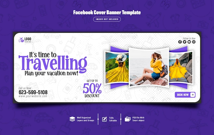 PSD modelo de banner de capa de turnê e viagem no facebook
