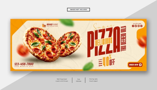 Modelo de banner de capa do Facebook de uma deliciosa pizza e menu de comida