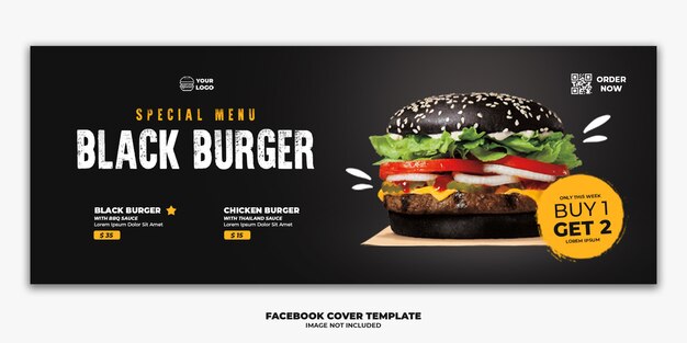 Modelo de banner de capa do facebook especial fast food menu black burger