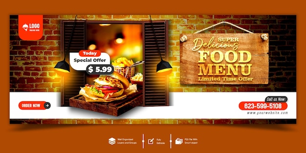 PSD modelo de banner de capa do menu de comida super deliciosa do facebook