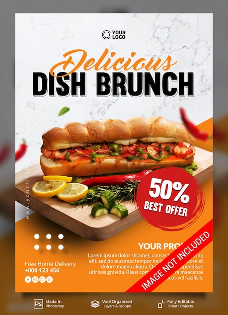 PSD modelo de banner de cartaz de promoção de restaurante de menu de brunch de prato delicioso