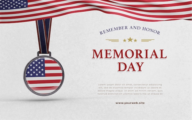Modelo de banner de celebração do memorial day com bandeira americana realista e texturizada