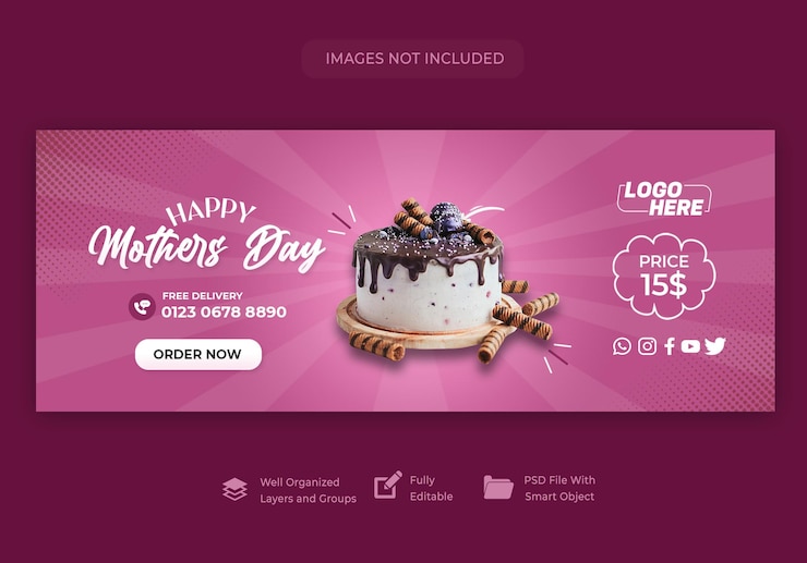 PSD modelo de banner de dia das mães feliz para bolo de menu de comida de restaurante